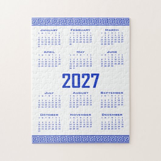 2027年カレンダー ギリシャ柄 ブルー×ホワイト ジグソーパズル (縦)