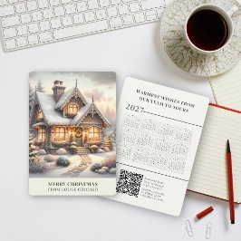 2027年カレンダー クリスマスコテージQRコード ビジネス シーズンカード