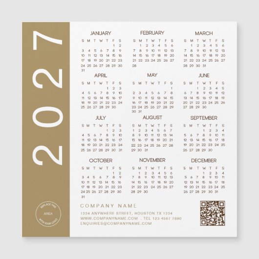 2027年カレンダー ゴールドテキスト QRコード 会社ロゴ (正面)