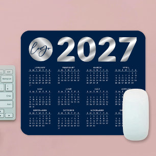 2027年カレンダー ネイビーブルーとシルバー企業ロゴ マウスパッド