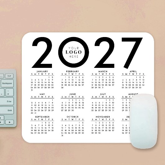 2027年カレンダー モダン ビジネス ロゴ 黒 白 マウスパッド