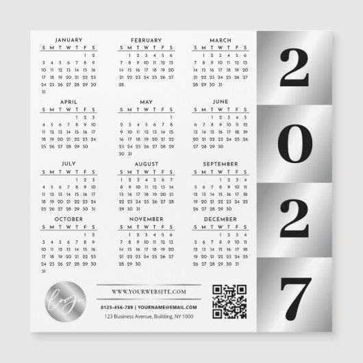 2027年カレンダー 企業ロゴ QRコード クロームシルバー (正面)
