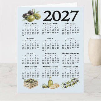 2027年カレンダー、地中海オリーブ、ブルー カード