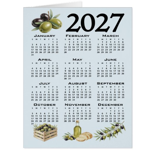 2027年カレンダー 地中海オリーブ 青 (正面)
