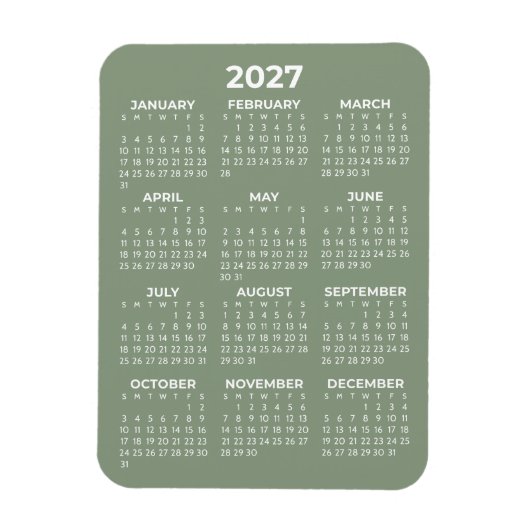 2027年カレンダー(年間)シンプルミニセージグリーン マグネット (縦)