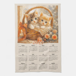 2027年カレンダー - 編みかごの中の愛らしい子猫 キッチンタオル