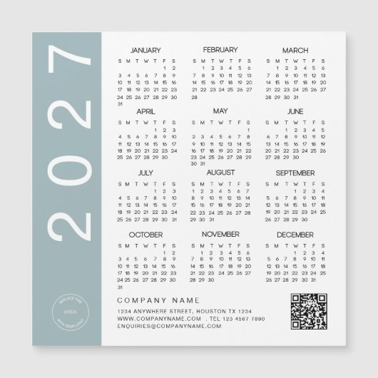 2027年カレンダー 青枠 QRコード 会社ロゴ (正面)