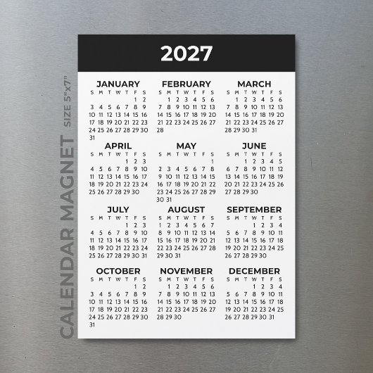 2027年カレンダー 1年分 ブラック ホワイト マグネット