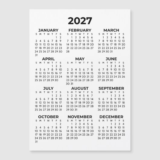 2027年カレンダー 1年分 ブラック ホワイト マグネット (正面)