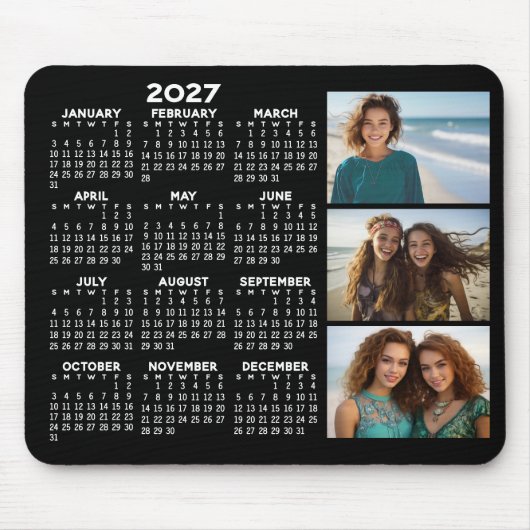 2027年カレンダー 3枚の写真 シンプル ブラック マウスパッド (正面)
