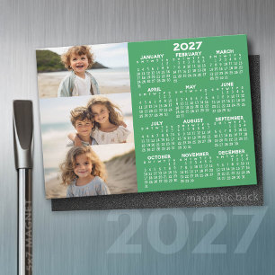 2027年カレンダー - 3枚の写真 基本の緑白マグネット