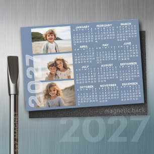 2027年カレンダー - 3枚の写真 基本の青いミニマルマグネット
