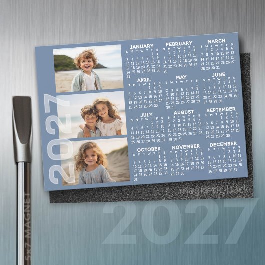 2027年カレンダー - 3枚の写真 基本の青いミニマルマグネット