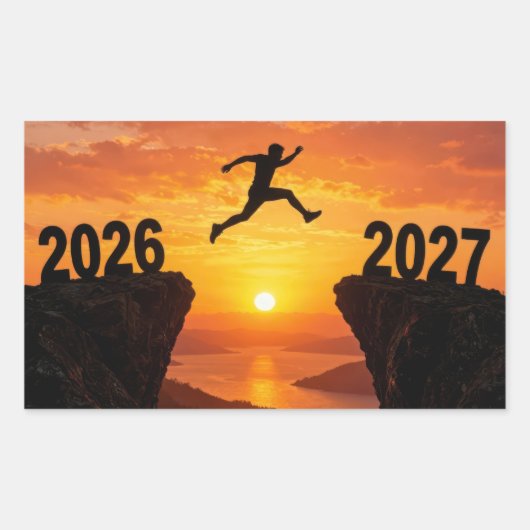 2027年元日のシルエット - 崖を飛び越える 長方形シール (正面)