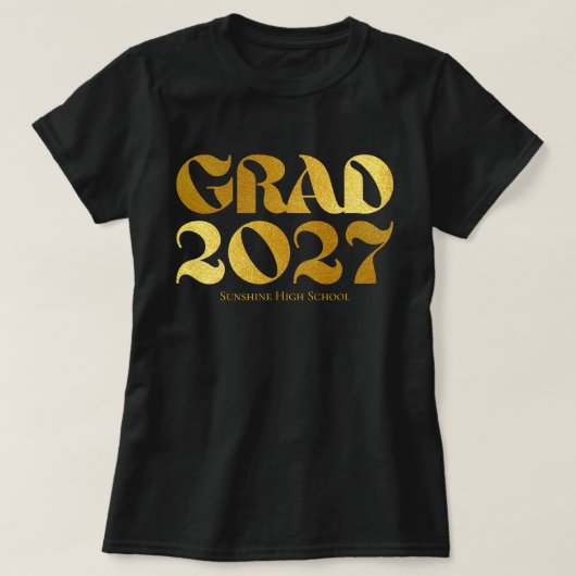 2027年卒業 黒とゴールドのタイポグラフィー Tシャツ (デザイン正面)