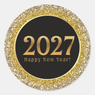 2027年新年あけましておめでとうございます ゴールド ブラック メタリック スパークル ラウンドシール