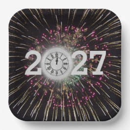 2027年新年の月と時計 ペーパープレート
