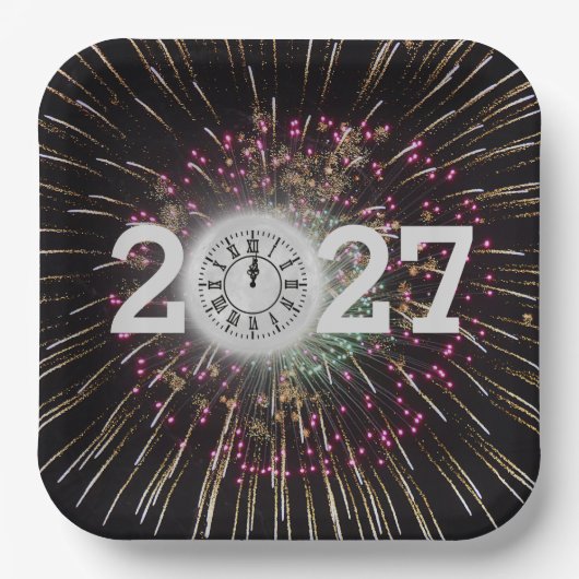 2027年新年の月と時計 ペーパープレート (正面)