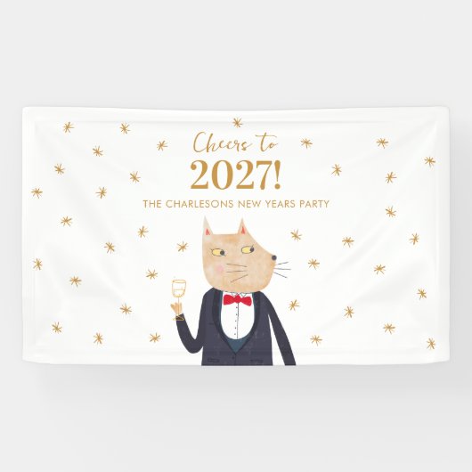 2027年新年を祝う猫のパーソナライズパーティー 横断幕 (横)