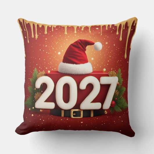 2027年新年デザイン - 赤と金色のクリスマス クッション (正面)