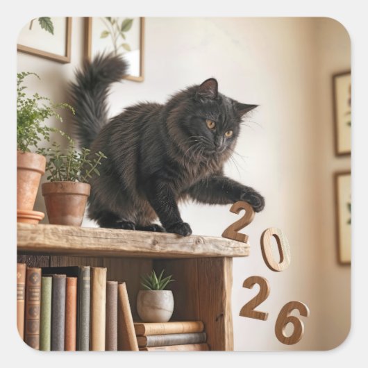 2027年新年 遊び心のある猫 スクエアシール (正面)