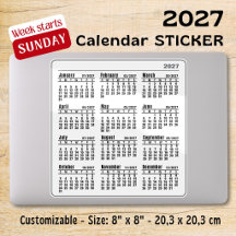 2027年月カレンダーシール 日曜日始まり