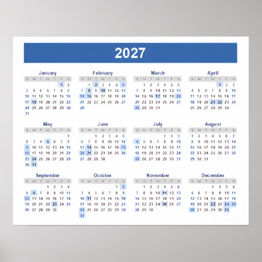 2027年月カレンダー 壁掛け ホームスクール オフィス ポスター (正面)