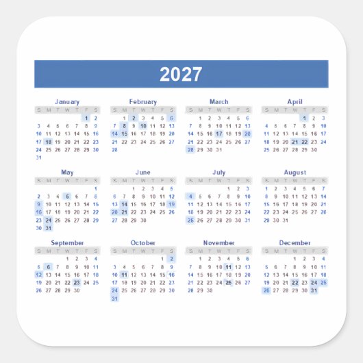2027年月カレンダー 青版 スクエアシール (正面)