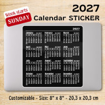 2027年月黒カレンダーシール 日曜日始まり