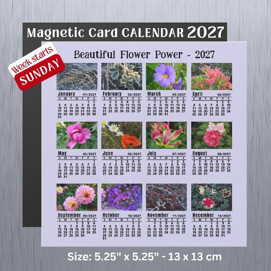 2027年花の写真カレンダー 日曜日始まり マグネットカード