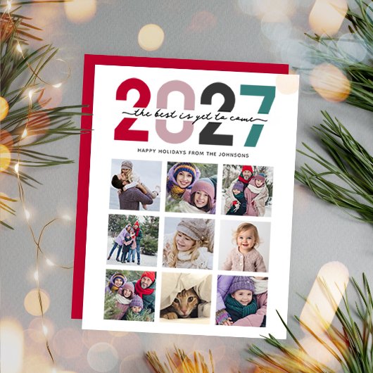 2027年9枚の写真がついたクリスマスカード 赤 最高の未来が待っている シーズンカード