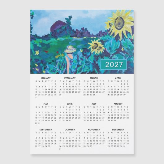2027年 ひまわり畑の女性の絵 カレンダー (正面)