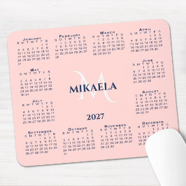 2027年 カレンダー おしゃれ モノグラム 名前 コーラルピンク マウスパッド