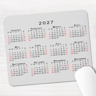 2027年 カレンダー シンプル グレー ブラック レッド マウスパッド