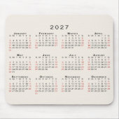 2027年 カレンダー シンプル ベージュ 黒 赤 マウスパッド (正面)