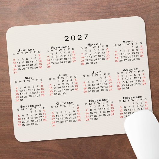 2027年 カレンダー シンプル ベージュ 黒 赤 マウスパッド
