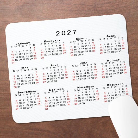 2027年 カレンダー シンプル 白 黒 赤 マウスパッド