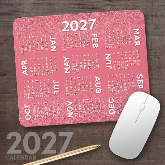 2027年 カレンダー - ピンク グリッター 印刷 マウスパッド