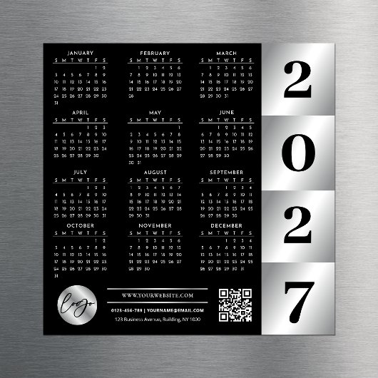 2027年 カレンダー 企業ロゴ QRコード ブラック&シルバー