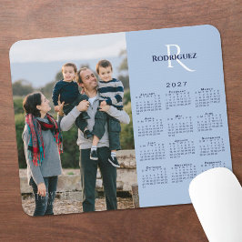 2027年 カレンダー 写真 モノグラム 名前 ライトブルー マウスパッド