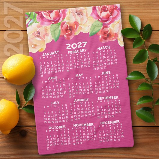 2027年 カレンダー 水彩画の花 ホットピンク キッチンタオル