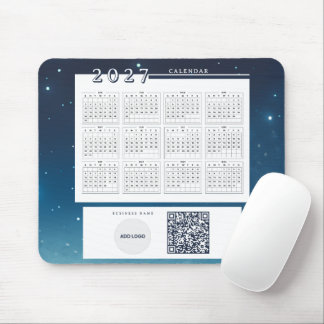 2027年 カレンダー 青い銀河 ビジネス ロゴ QRコード マウスパッド