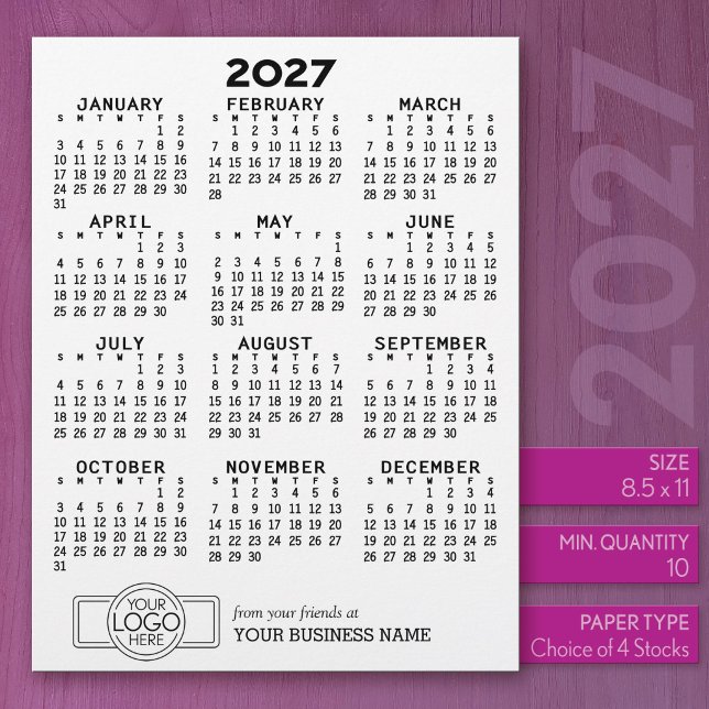 2027年 カレンダー 黒 白 ビジネス - 休日 レターヘッド (2027 Calendar on US Standard Size Letter Paper)