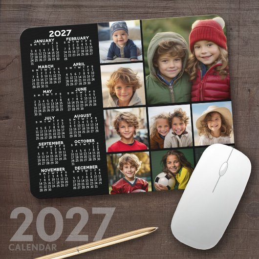 2027年 カレンダー - 9枚の写真コラージュ - 黒 マウスパッド