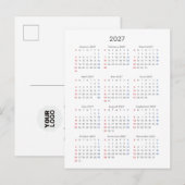 2027年 カードカレンダー:日曜日始まり、モノクロ ポストカード (正面/裏面)