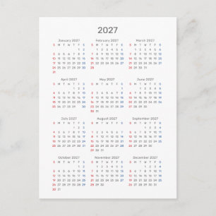 2027年 カードカレンダー：日曜日始まり、モノクロ ポストカード