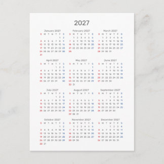 2027年 カードカレンダー:日曜日始まり、モノクロ ポストカード