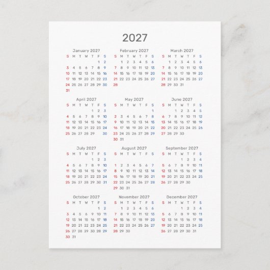 2027年 カードカレンダー:日曜日始まり、モノクロ ポストカード (正面)
