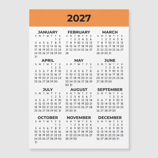 2027年 タンジェリン磁気カレンダー 年間ビュー (正面)