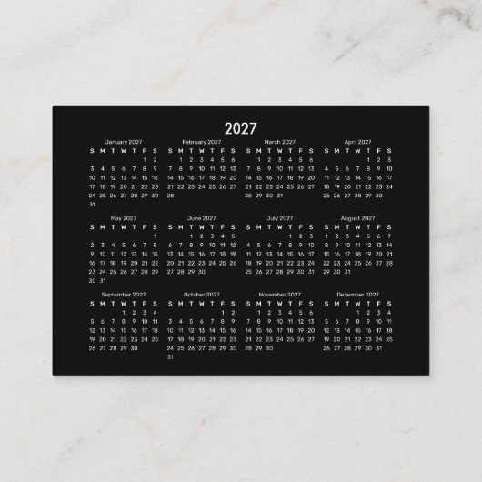 2027年 ミニポケットカレンダー 日曜日始まり ブラック 名刺 (裏面)